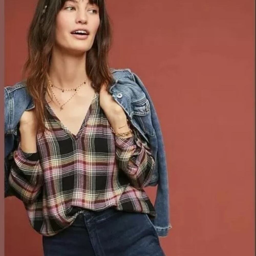 Anthropologie cloth & stone charley plaid soft flannel ruffle neck top sz M